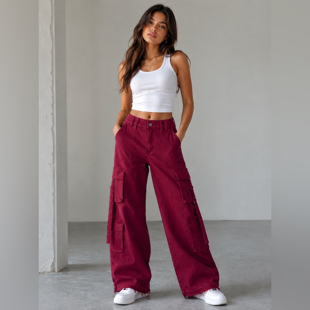 VIP Jeans Dark Red Cargo Wide Leg Denim Jeans Junior Size 7/28 New